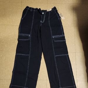 Black Cargo Pants with Contrast Stitching and Elastic Waistband